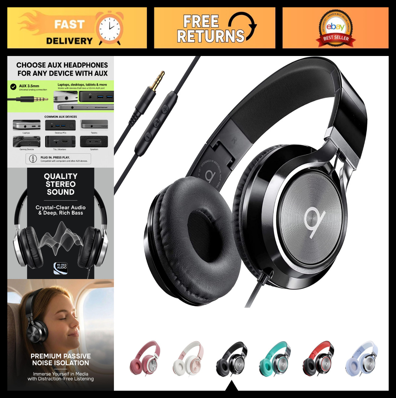 Wired On-Ear Headphones with Mic – Noise Isolating, Foldable, 3.5mm Aux Jack