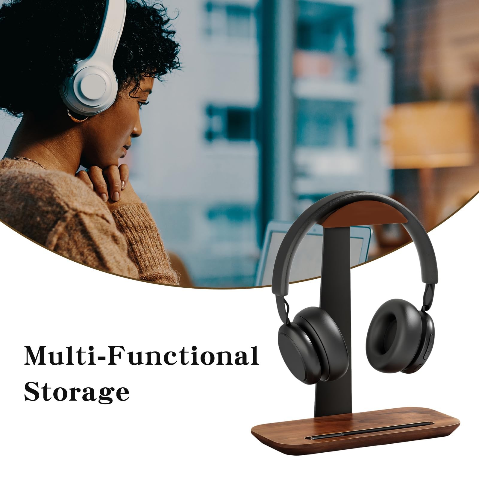 Walnut Wood Headphone Stand,Headphone Rack with Storage Base Plate,Headphones…