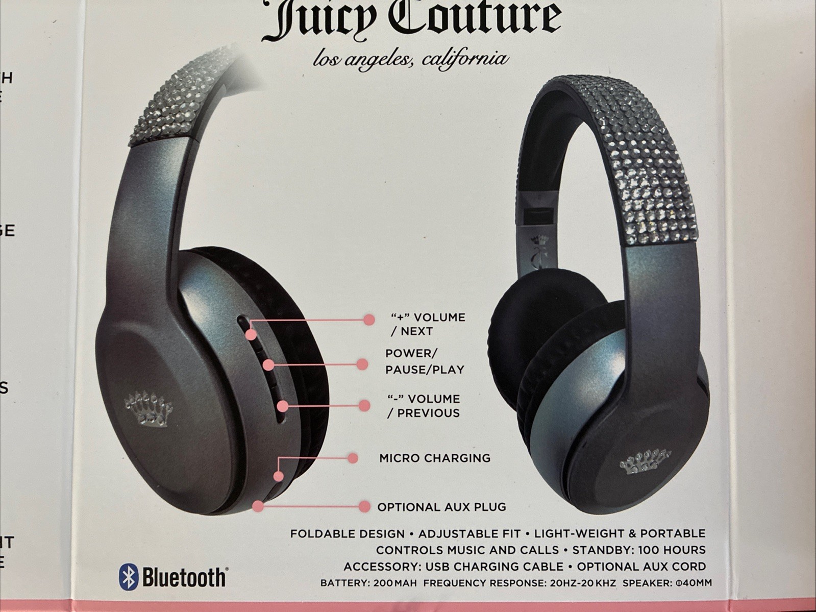 New Juicy Couture Bling Silver Grey Rhinestone Wireless Headphones