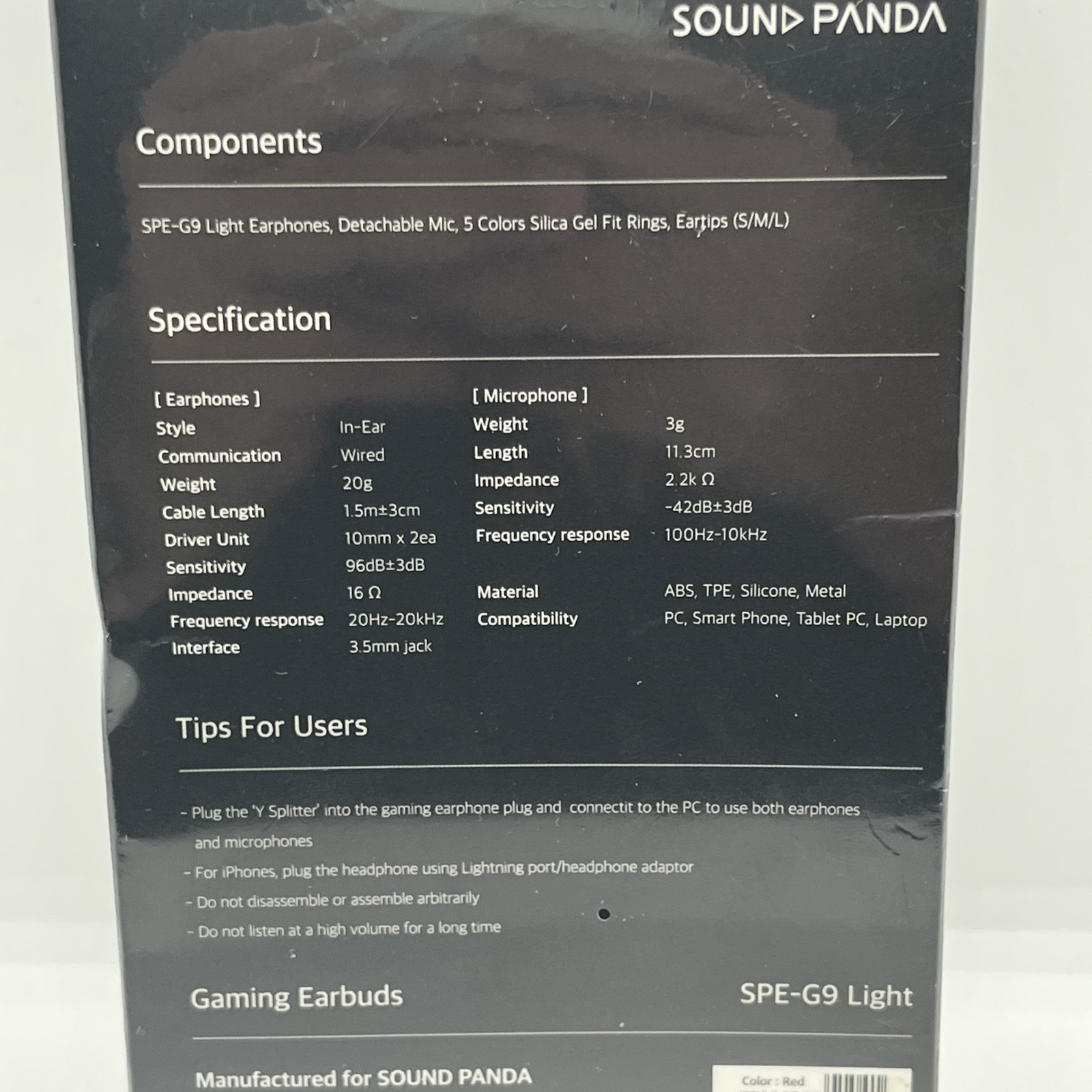 Sound Panda SPE-G9 Light Gaming Earbuds Single Driver 3.5mm Dual Microphone