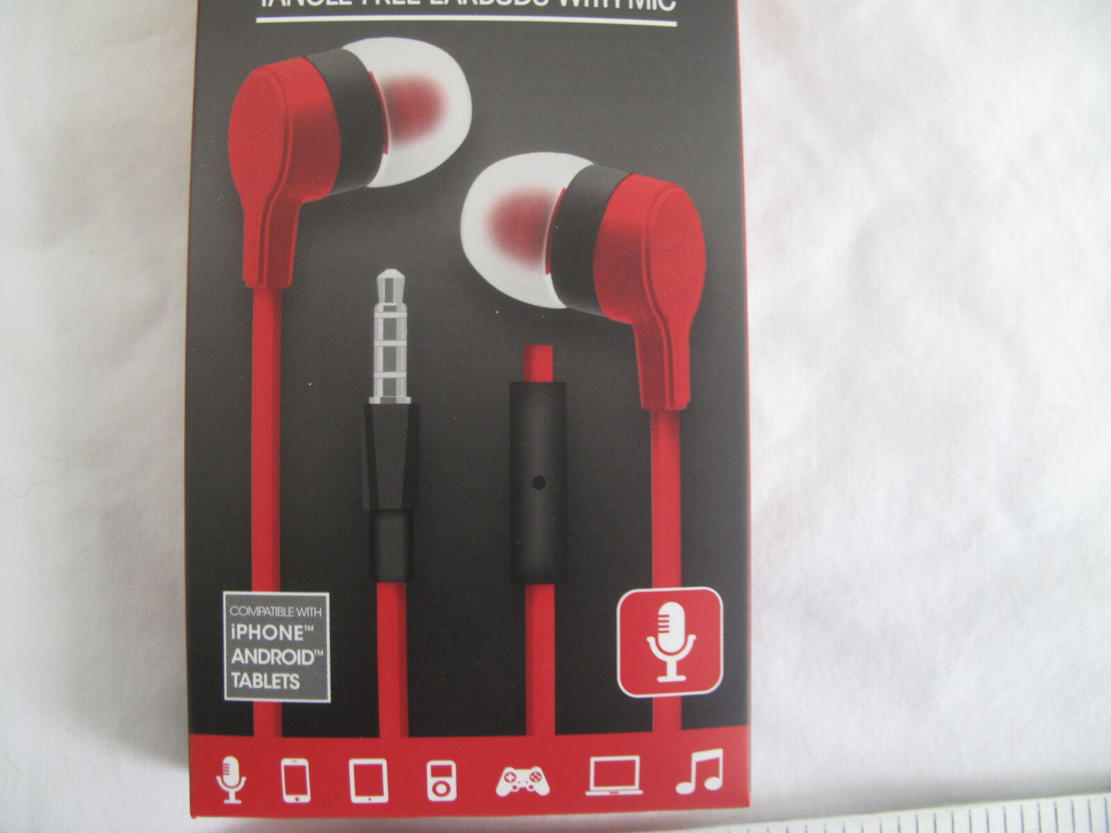 (2) NEW Sentry Flat-Cord Tangle Free Earbuds w/Mic – RED – iPhone Android Tablet