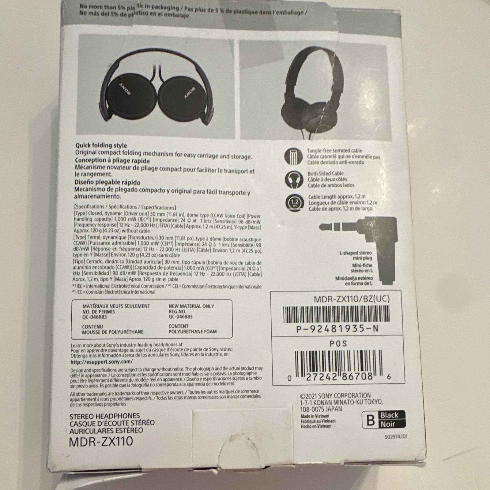 Sony MDR-ZX110 On-Ear Wired 3.5mm Foldable Headphones, 30mm, Black