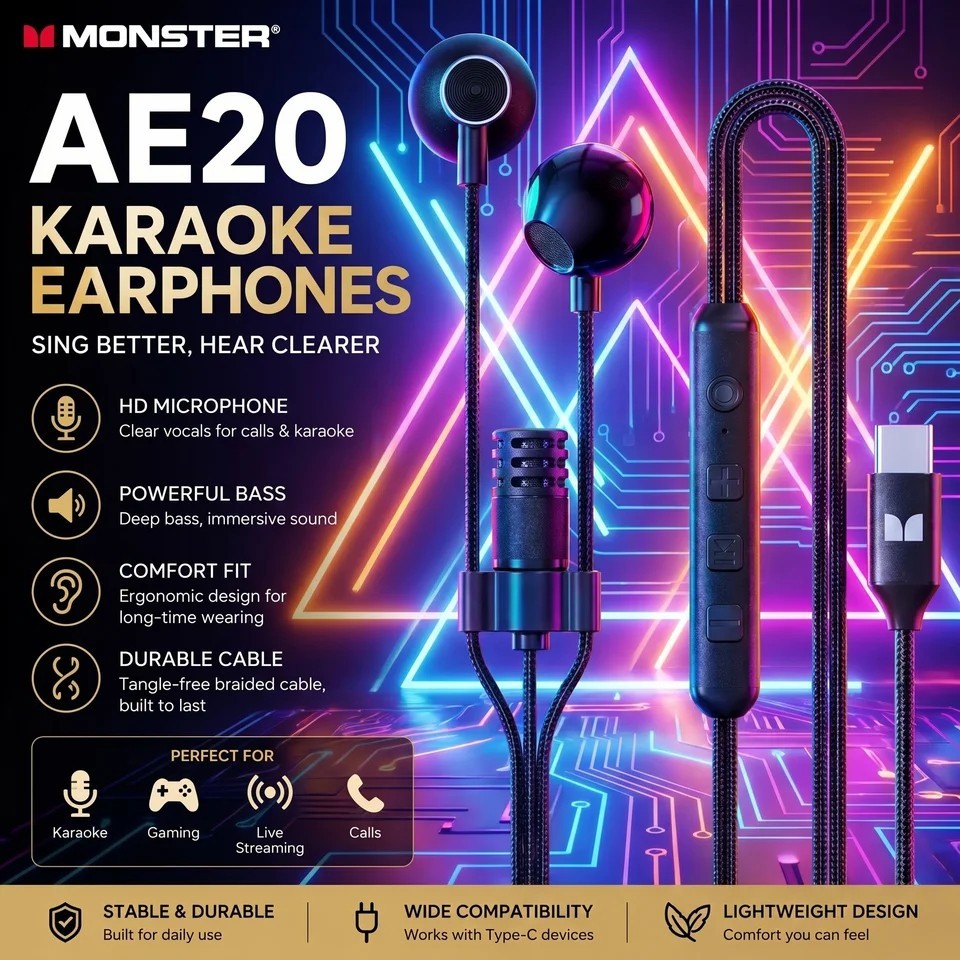 Monster AirStar AE20 Wired Karaoke Earphones Type-C 1.5m Live Streaming Gaming