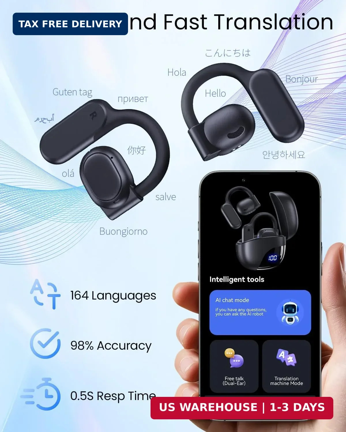AI Translation Earbuds Real Time 164 Languages 80H Translator Earbuds K black