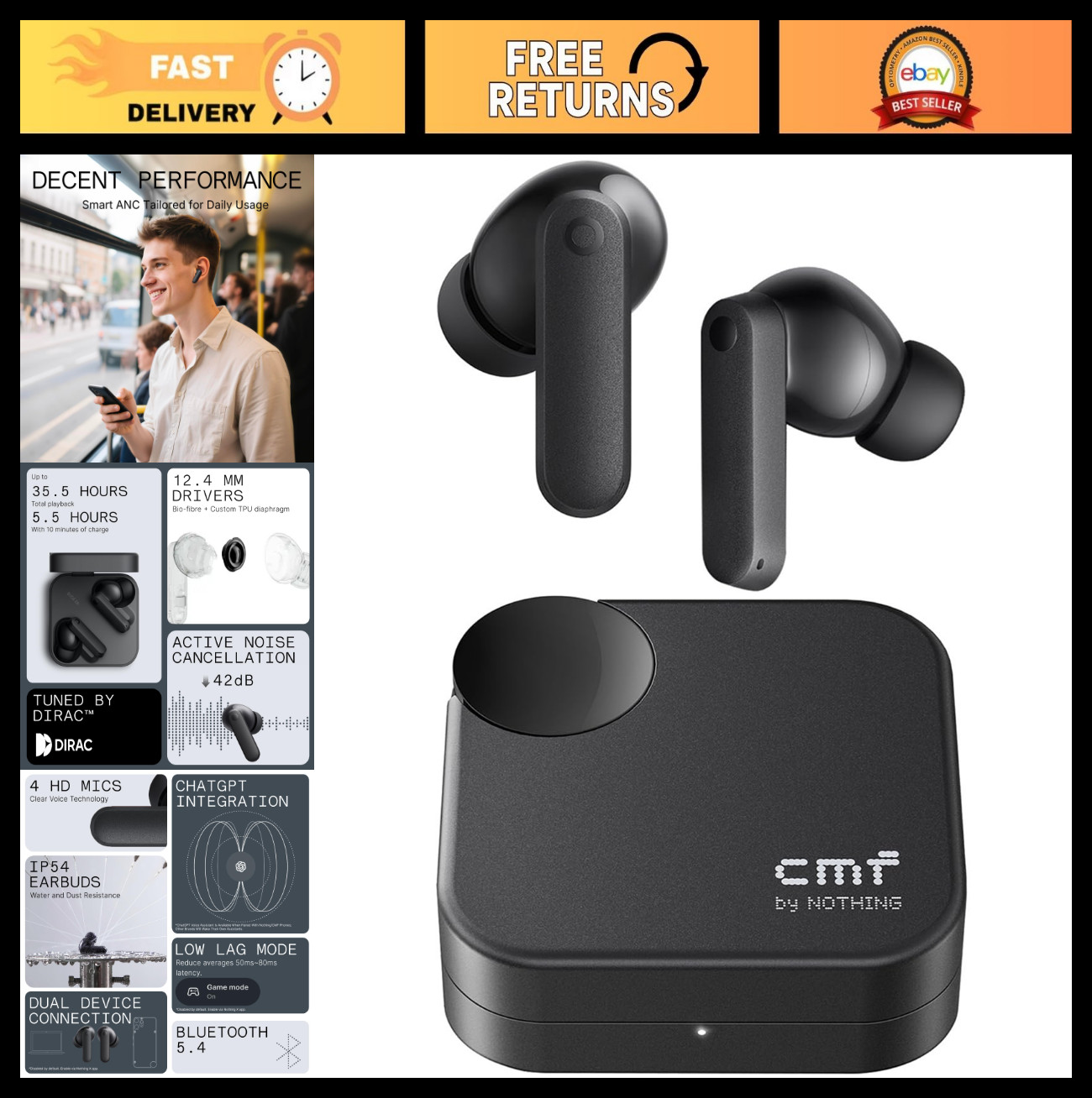 Wireless Earbuds with Active Noise Cancelling 42dB, Bluetooth Headphones, 12.4mm