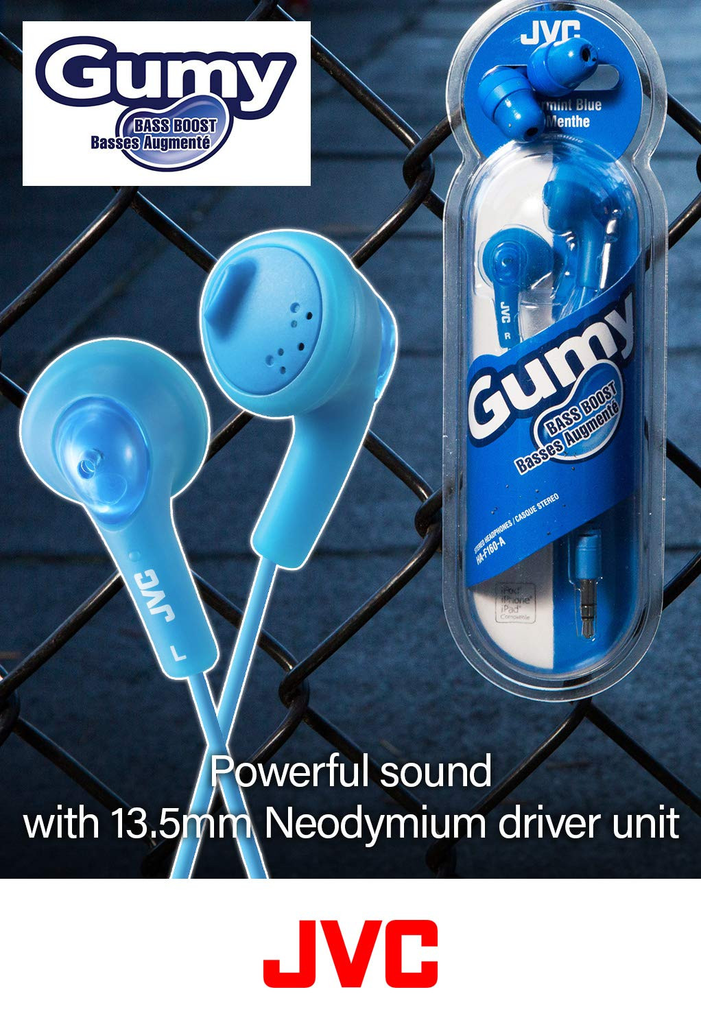 JVC Gummy Blue Wired Headphones Soft Rubber Bass Boost Stereo Earbuds