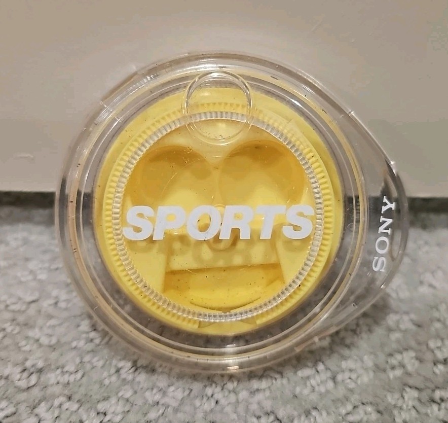 SONY MDR-E225 Sports Earbuds Yellow Clear Travel Case Cord Wind-up Storage Pro