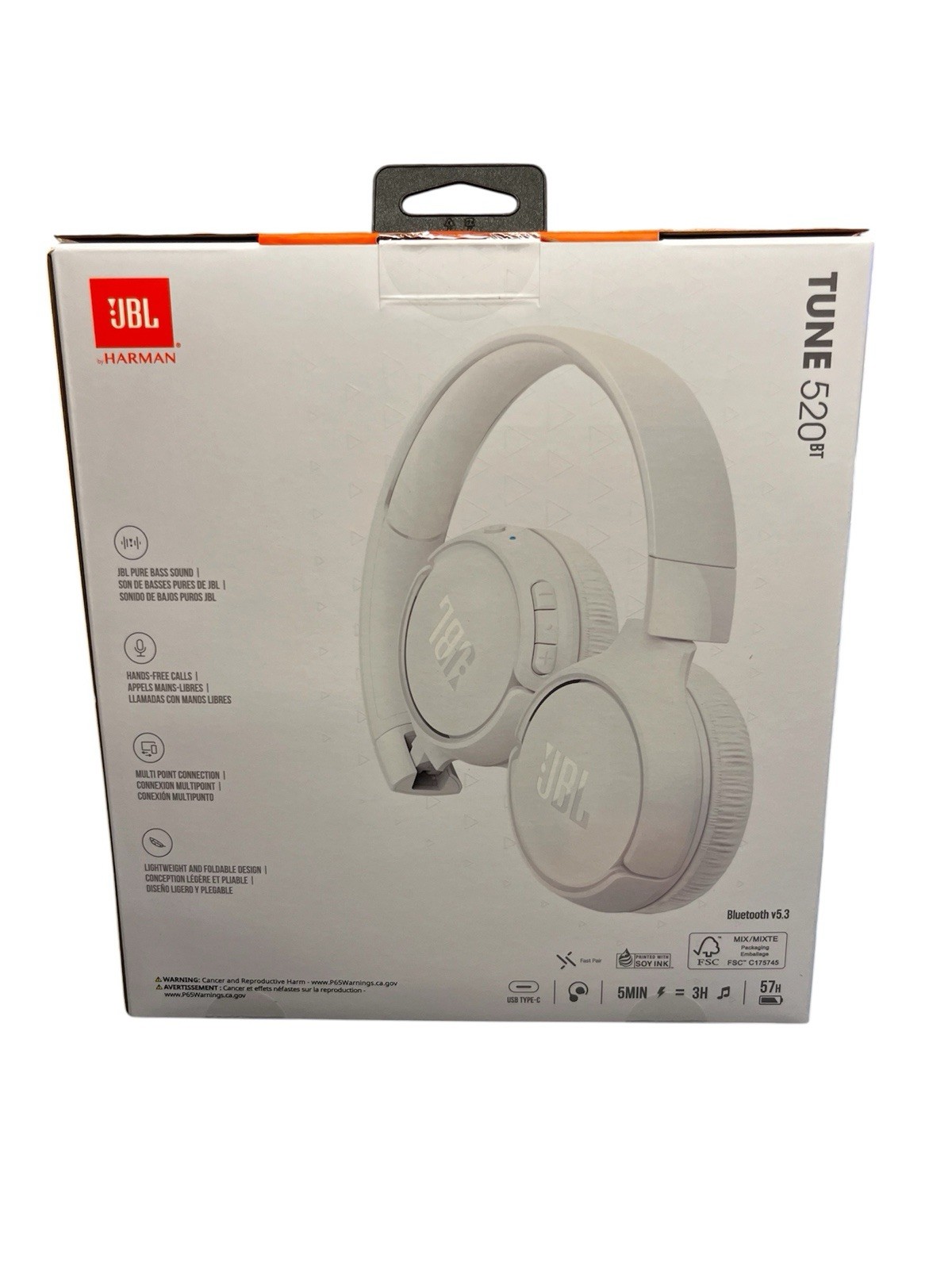 JBL Tune 520BT Wireless Bluetooth On-Ear Headphones Built-In Mic White