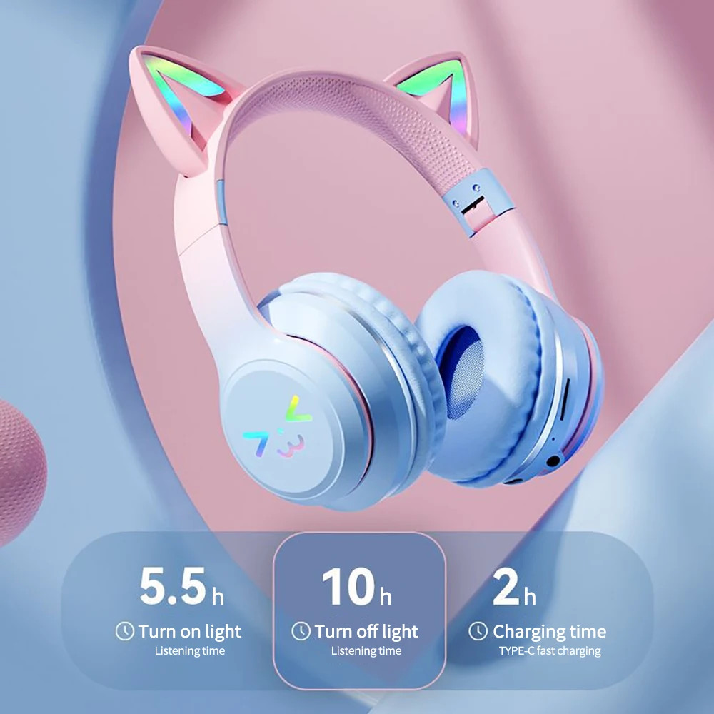 Cute Cat Ear RGB Shaded Wireless Headphones Bluetooth Earphones with
