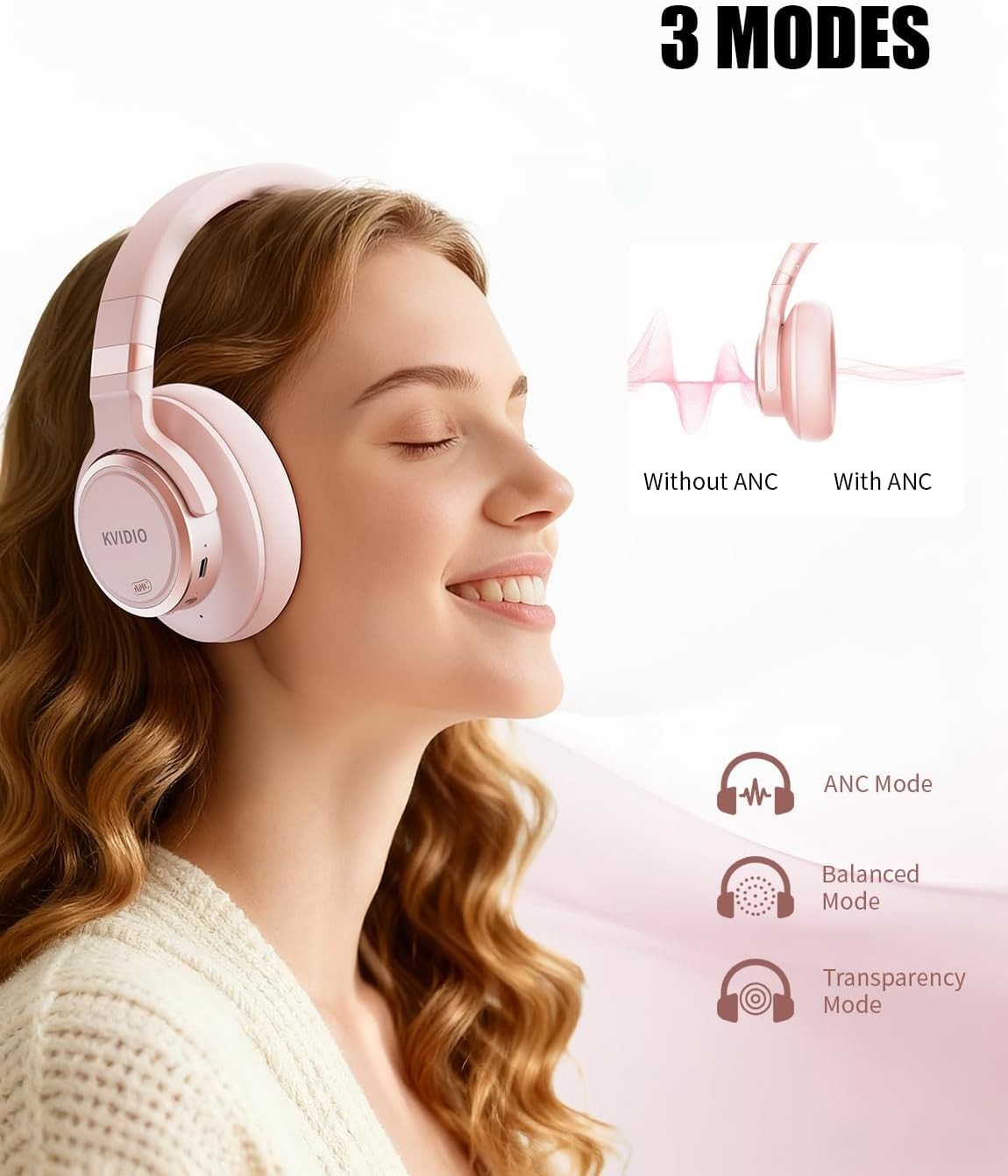 Lightweight Active Noise Cancelling Headphones with Transparency Mode – Pink