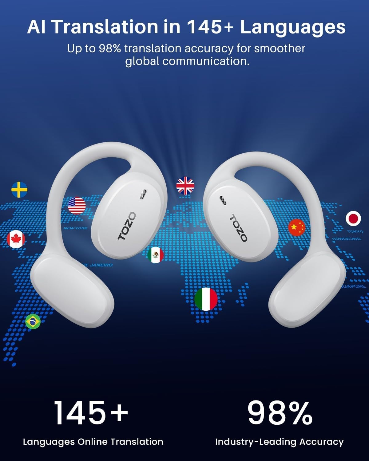 Bluetooth Earbuds: AI Translator, 80H Battery, Touch Control, Travel Ready