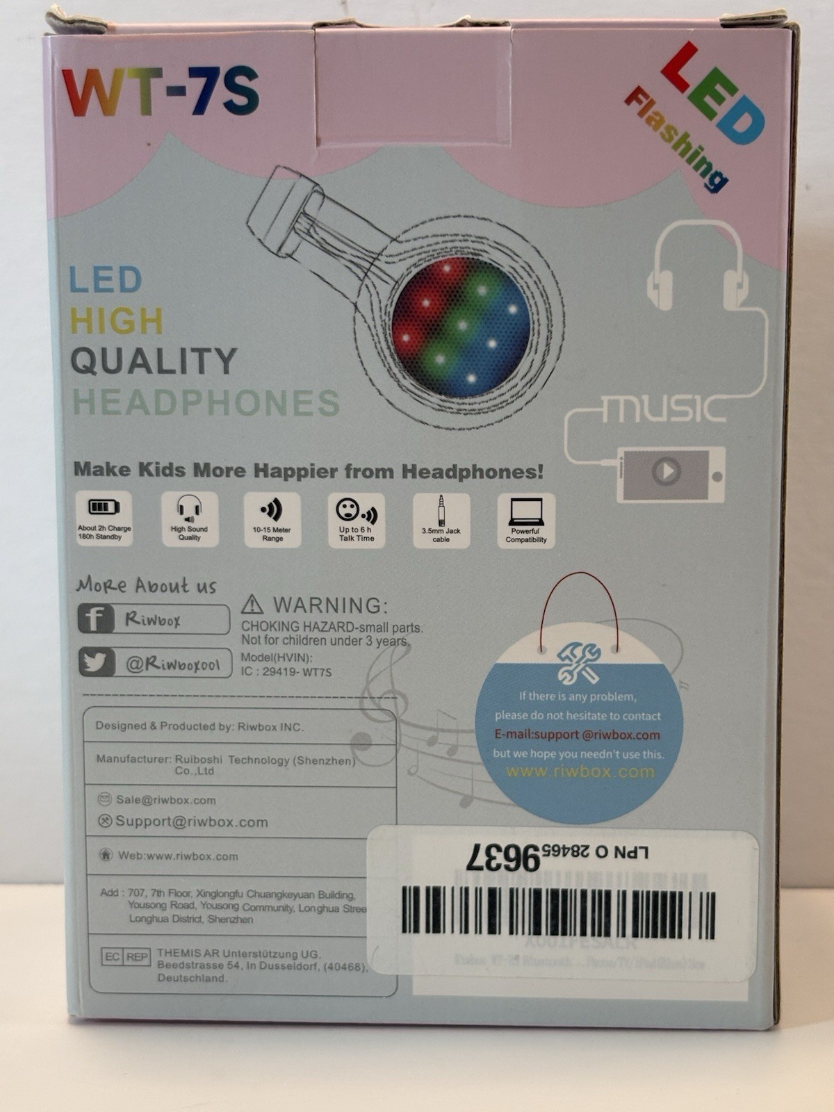 Riwbox WT-7S Wireless Bluetooth Headphones for Kids – LED Flashing – Green/Blue