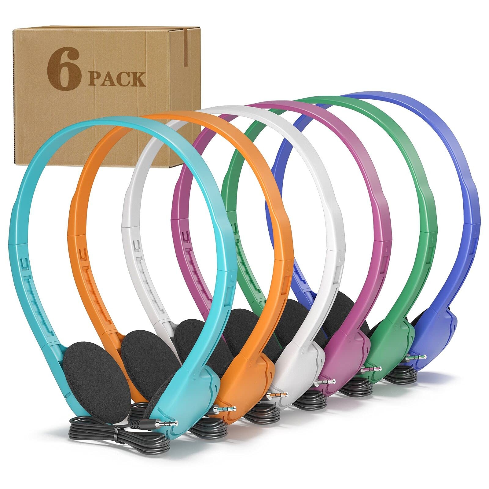 6 PCS Bulk Kids School Headphones 3.5mm Jack Multi Color No Mic Classroom
