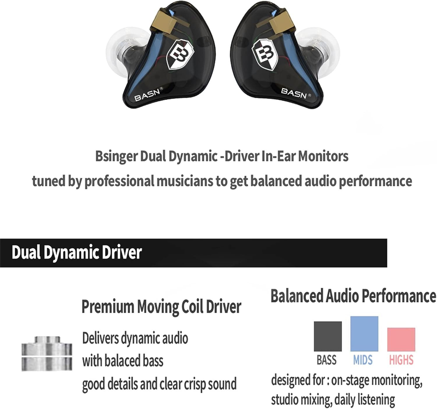 Bsinger PRO in Ear Monitor Headphones for Musicians, Dynamic Driver Noise Isolat