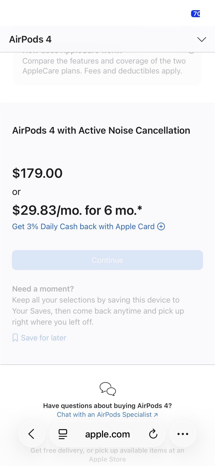 Apple AirPods 4 Active Noise Cancellation Wireless In-Ear Earbuds White USB-C
