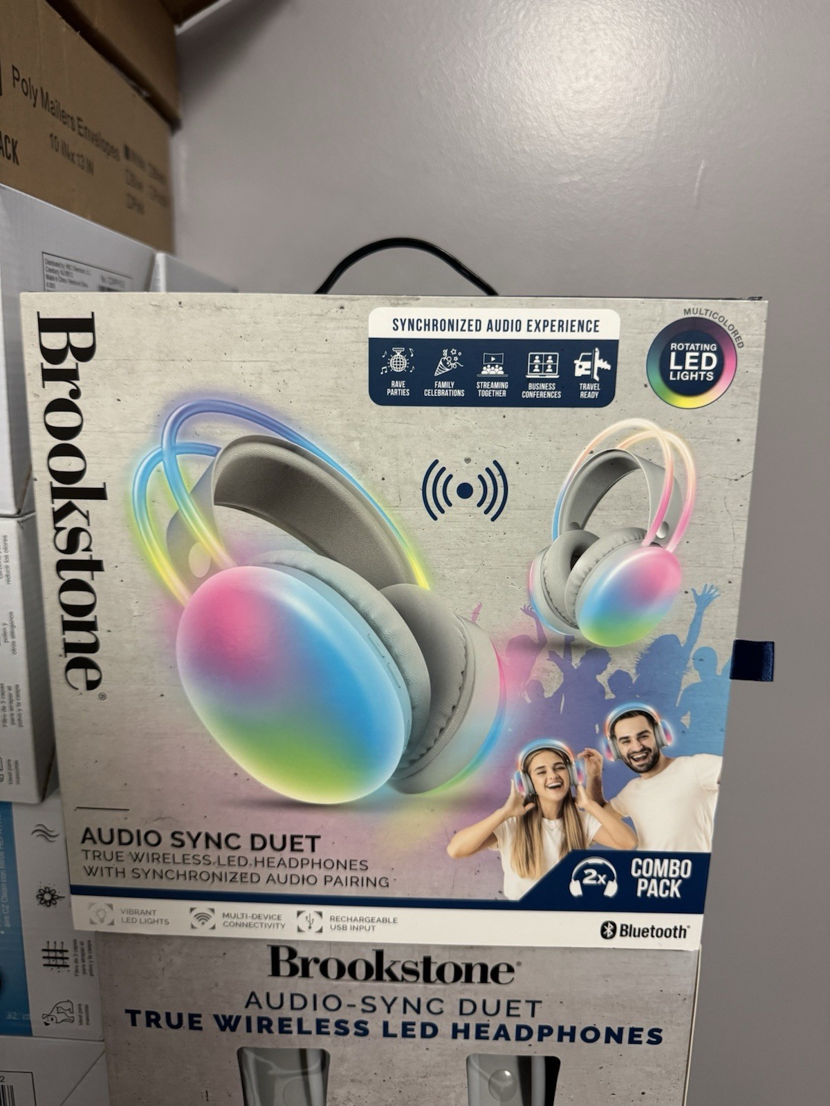 Brookstone Audio Sync Duet 2-Pack Wireless Bluetooth Headphones Multicolored LED