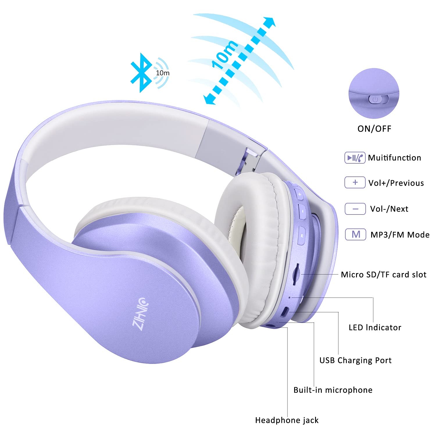ZIHNIC Bluetooth Headphones Over-Ear, Foldable Wireless and Standard, Purple