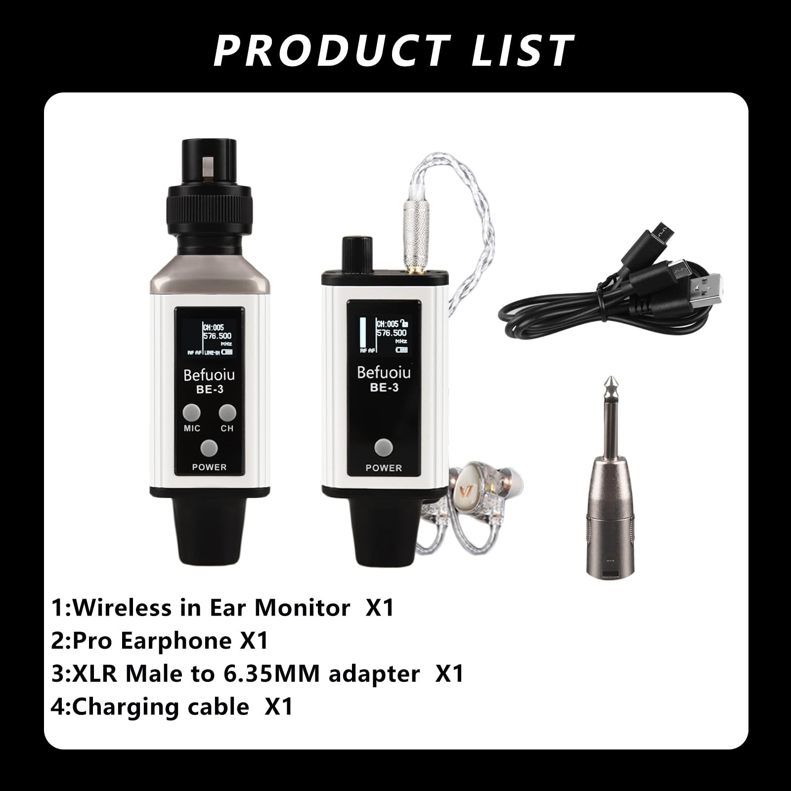UHF Wireless In Ear Monitor System with Pro Earphone, Metal 1 White