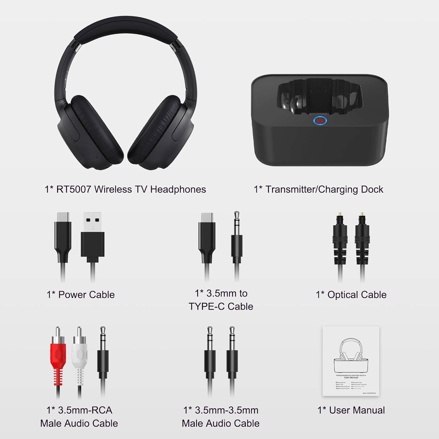 Bluetooth 5.2 Wireless Headphones for TV w/ Optical Digital RCA AUX USB Input