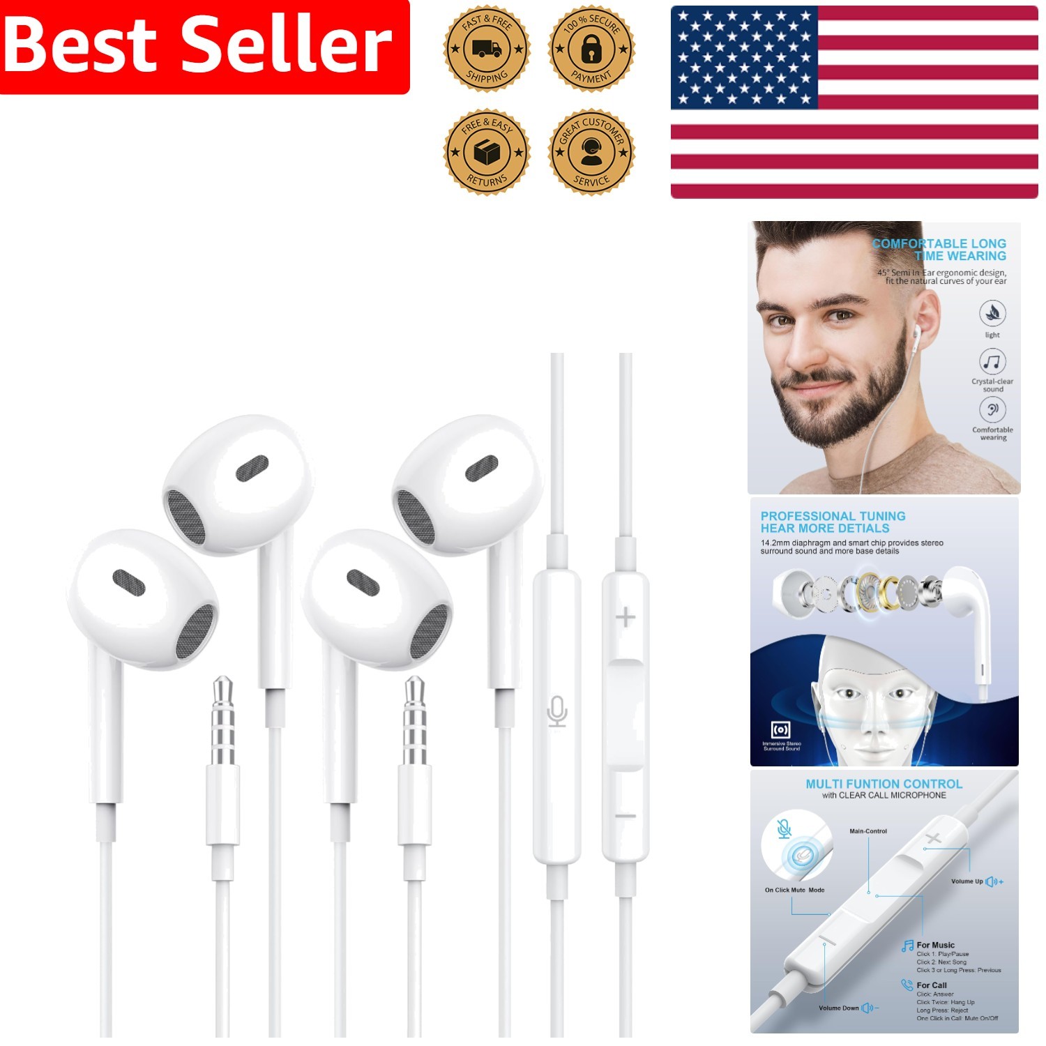 HiFi Wired Earbuds with Microphone & In-Line Control for Clear Calls (2-Pack)