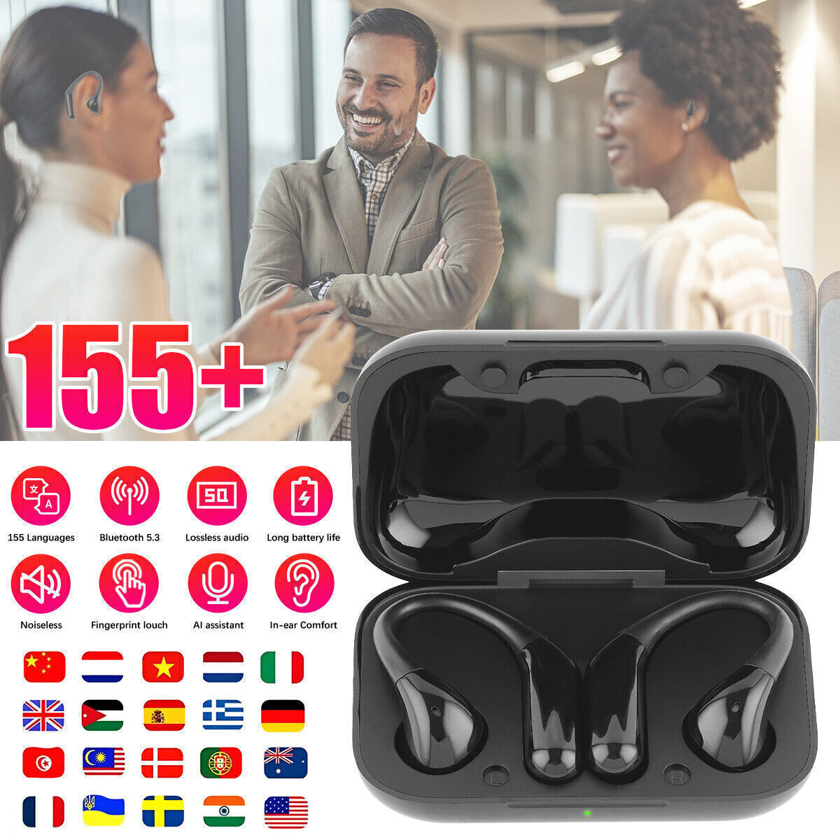 155 Language Smart Translator Earbuds Wireless Bluetooth 5.3 Headphones New