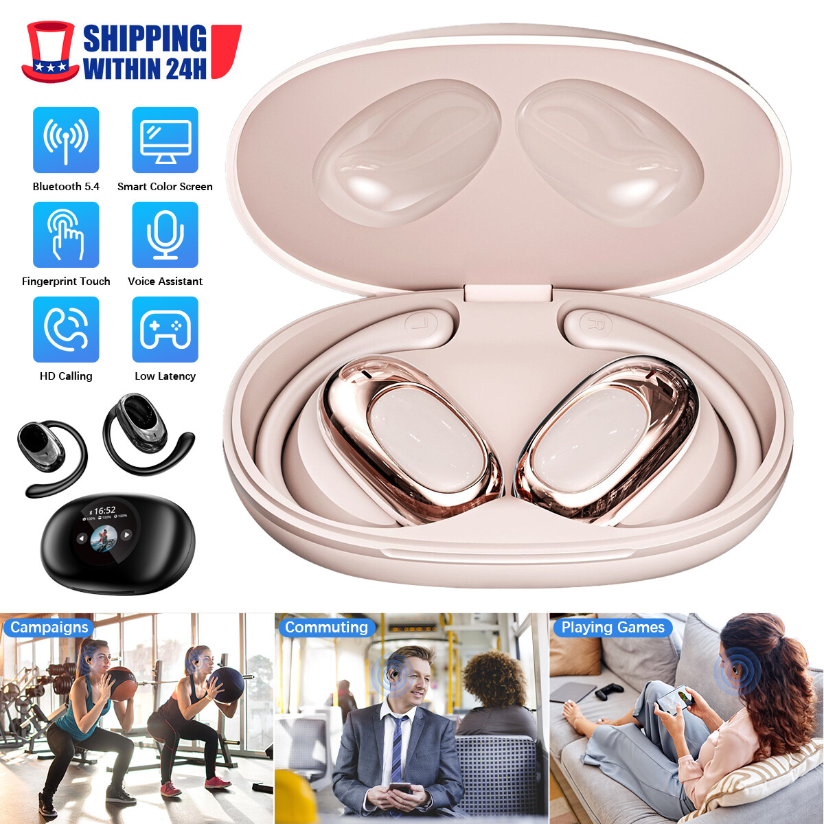 LCD HD screen Over The Ear Earbuds Bluetooth Wireless Multi language switching #