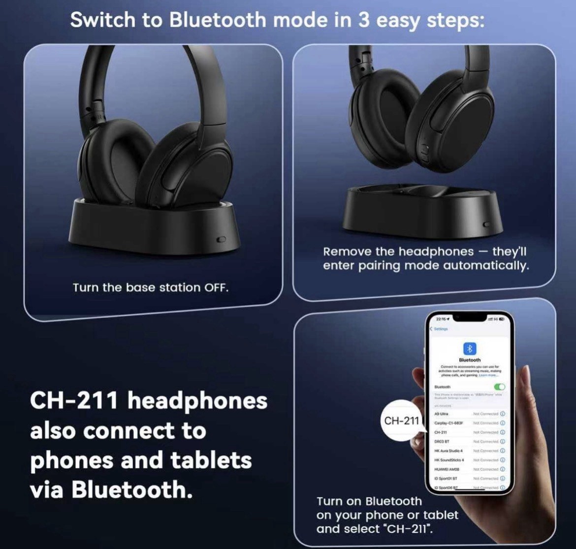 Swiitech CH-211 Wireless TV Headphones Black Bluetooth 2.4G 40mm Drivers Double