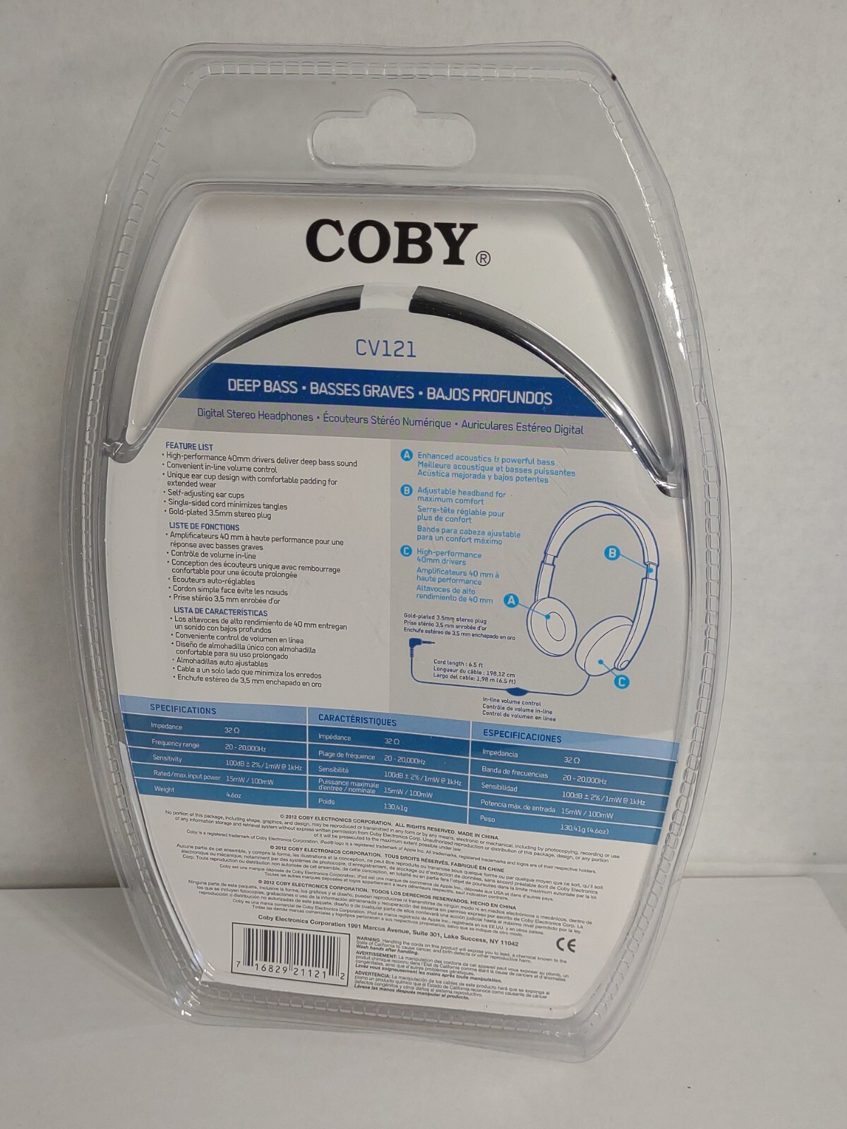Coby Deep Bass Digital Stereo Headphones CV121 Black 3.5mm Plug New (W)