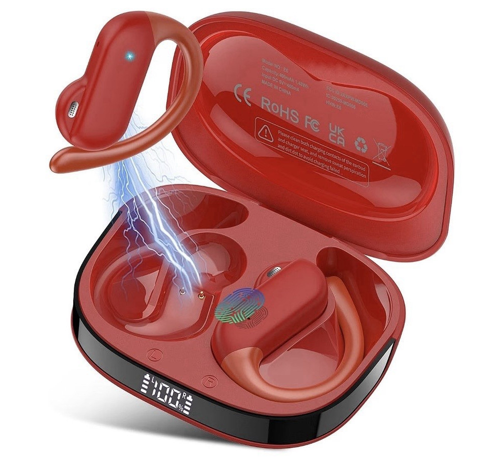 E6 Bluetooth Wireless Ear-Hook Earbuds Built-In Mic 8mm Red/Black