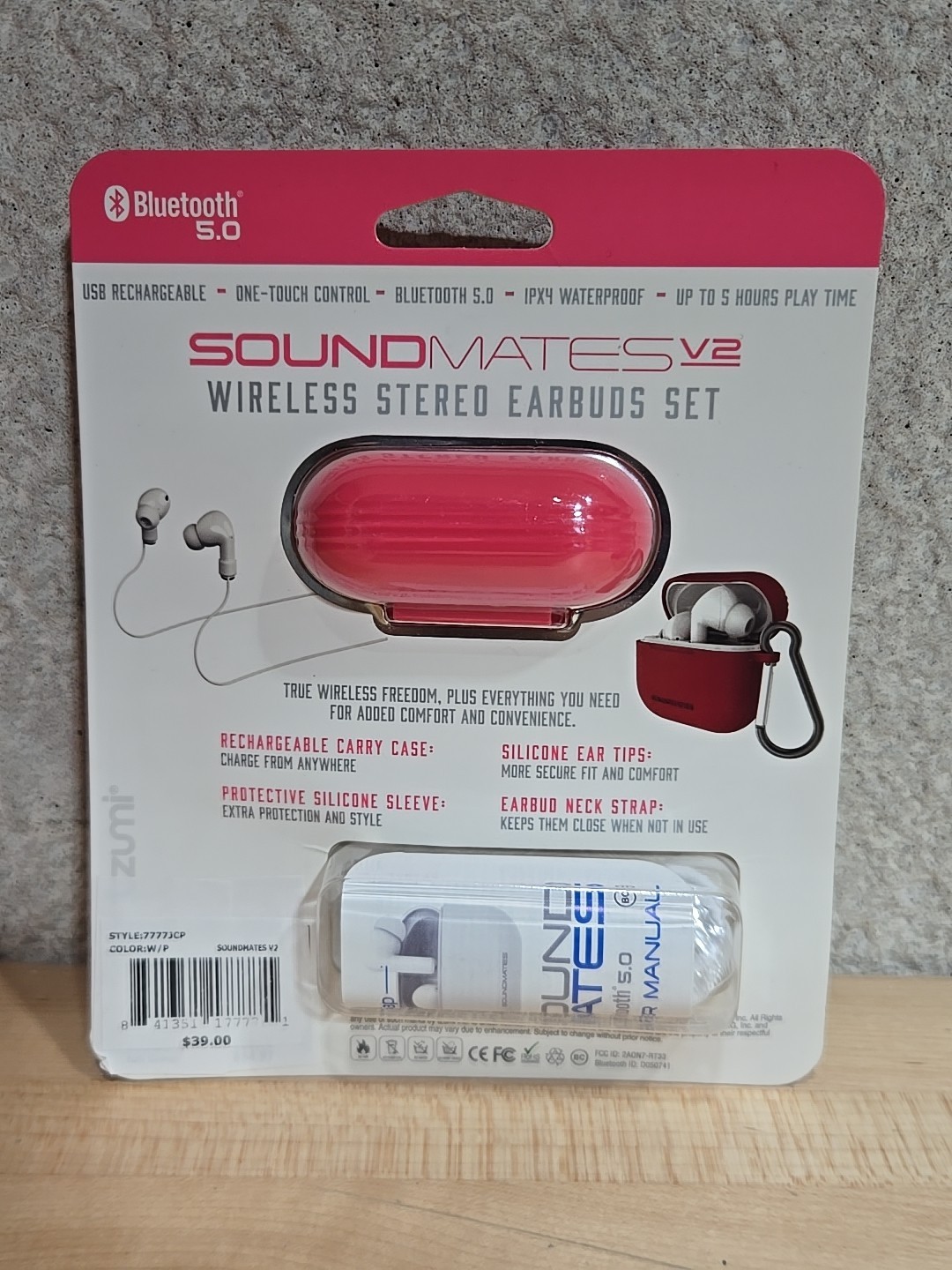 Tzumi Soundmates V2 5.0 Wireless Stereo Earbuds With Wireless Charging Case PINK