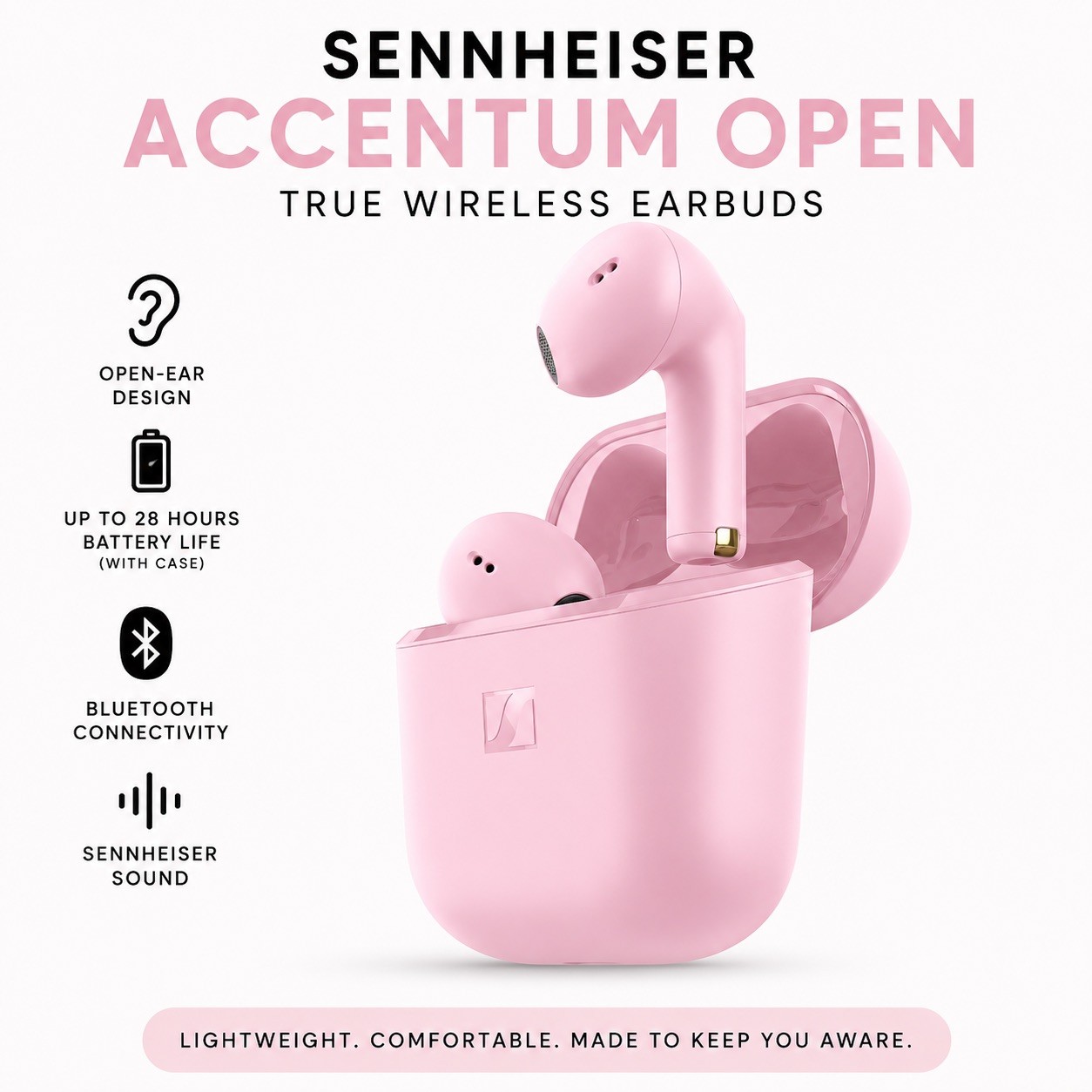 Sennheiser ACCENTUM Open Wireless Bluetooth Earbuds – Pink – OPEN BOX