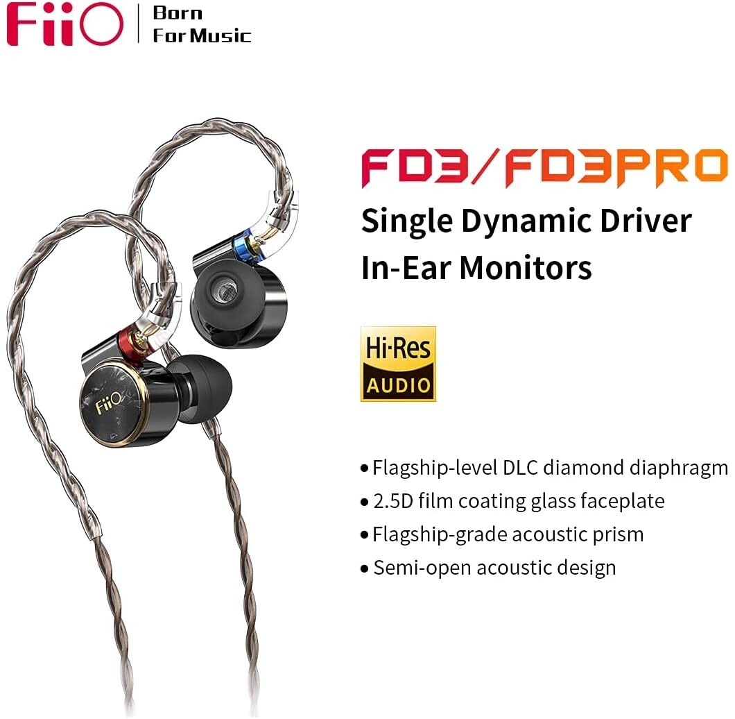 FiiO FD3 PRO Earphones Hi-Res 1DD In-Ear Monitors DLC Diamond Diaphragm (Black)
