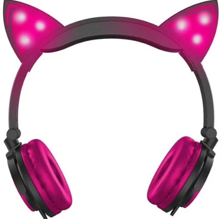 Hype Wired Pink LED Cat Ear Headphones with Mic, 3.5mm Jack Plug Fold & Swivel.