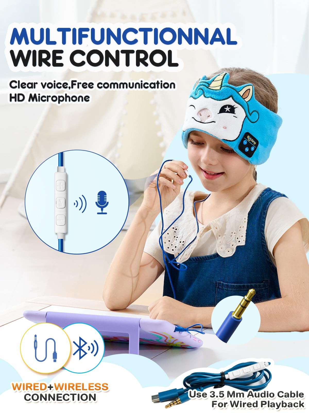 Kids Wireless Bluetooth Headband Headphones Wired Playback 3.5mm Jack Tablet