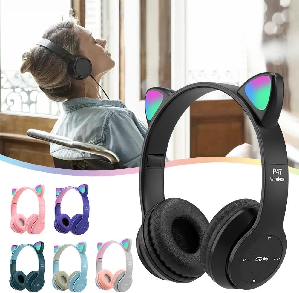 Stylish Bluetooth 5.0 Cat Ear Headphones with LED Lights – Foldable Design