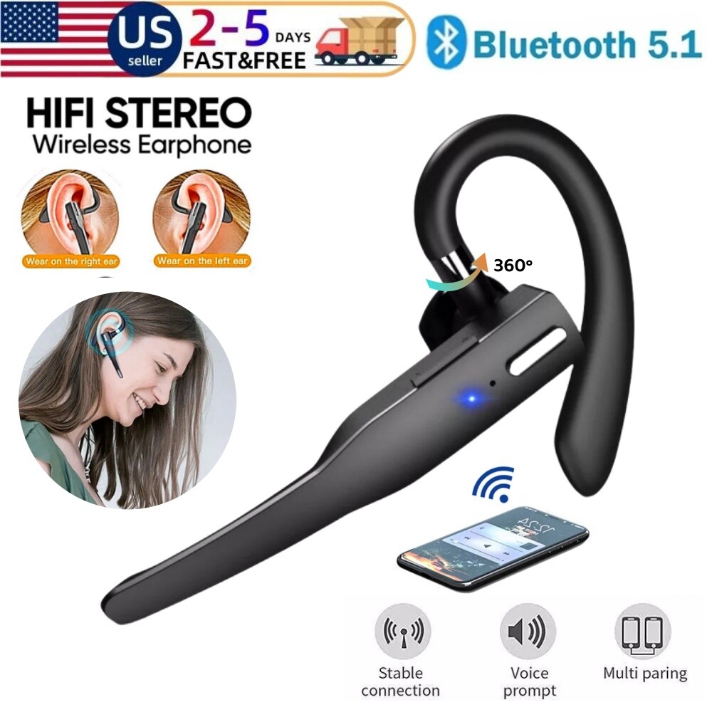 Trucker Wireless Headset Bluetooth 5.1 Earpiece Dual Mic Earbud Noise Cancelling