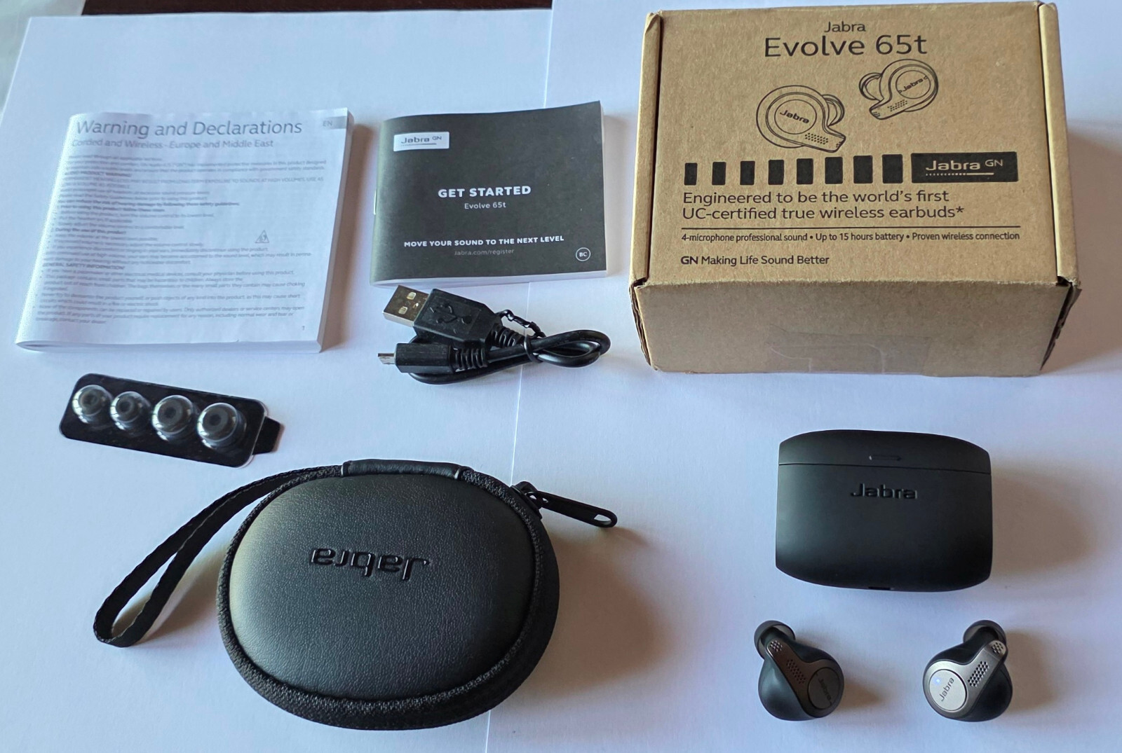 Unused OEM Titanium Black Jabra EVOLVE 65t UC Wireless Earbuds with Accessories