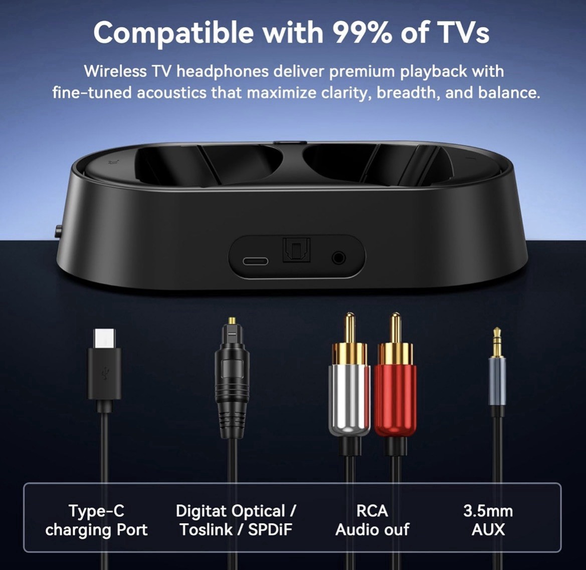 Swiitech CH-211 Wireless TV Headphones Black Bluetooth 2.4G 40mm Drivers Double