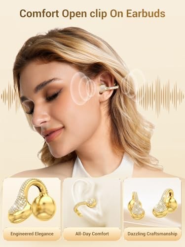JewelPods C01 Pro Open Ear Headphones,Clip Yellow Gold & Leather Contemporary