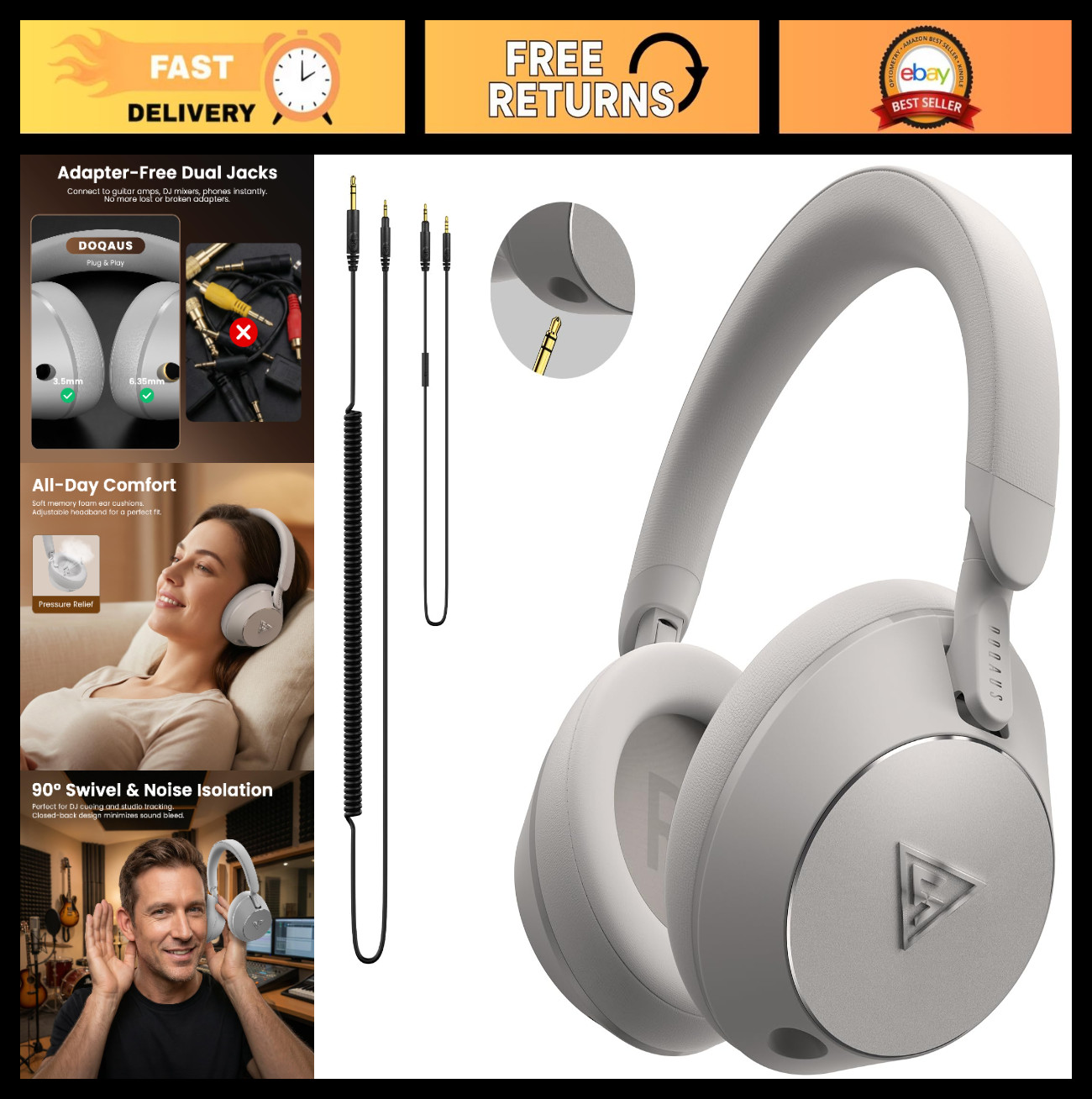 Professional Wired Studio Monitor Headphones – Over Ear, 50mm Drivers, Dual Jack