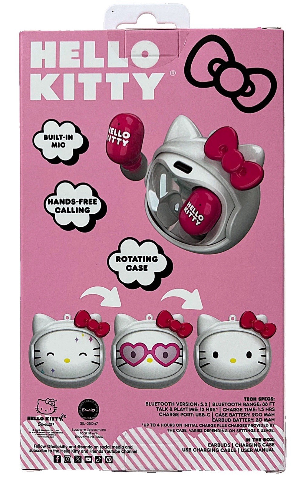 Sanrio Hello Kitty Bluetooth Wireless Earbuds w/ Rotating Face Charging Case 5B
