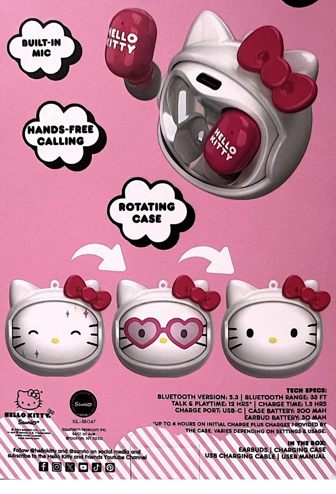Sanrio Hello Kitty Bluetooth Wireless Earbuds w/ Rotating Face Charging Case 5B