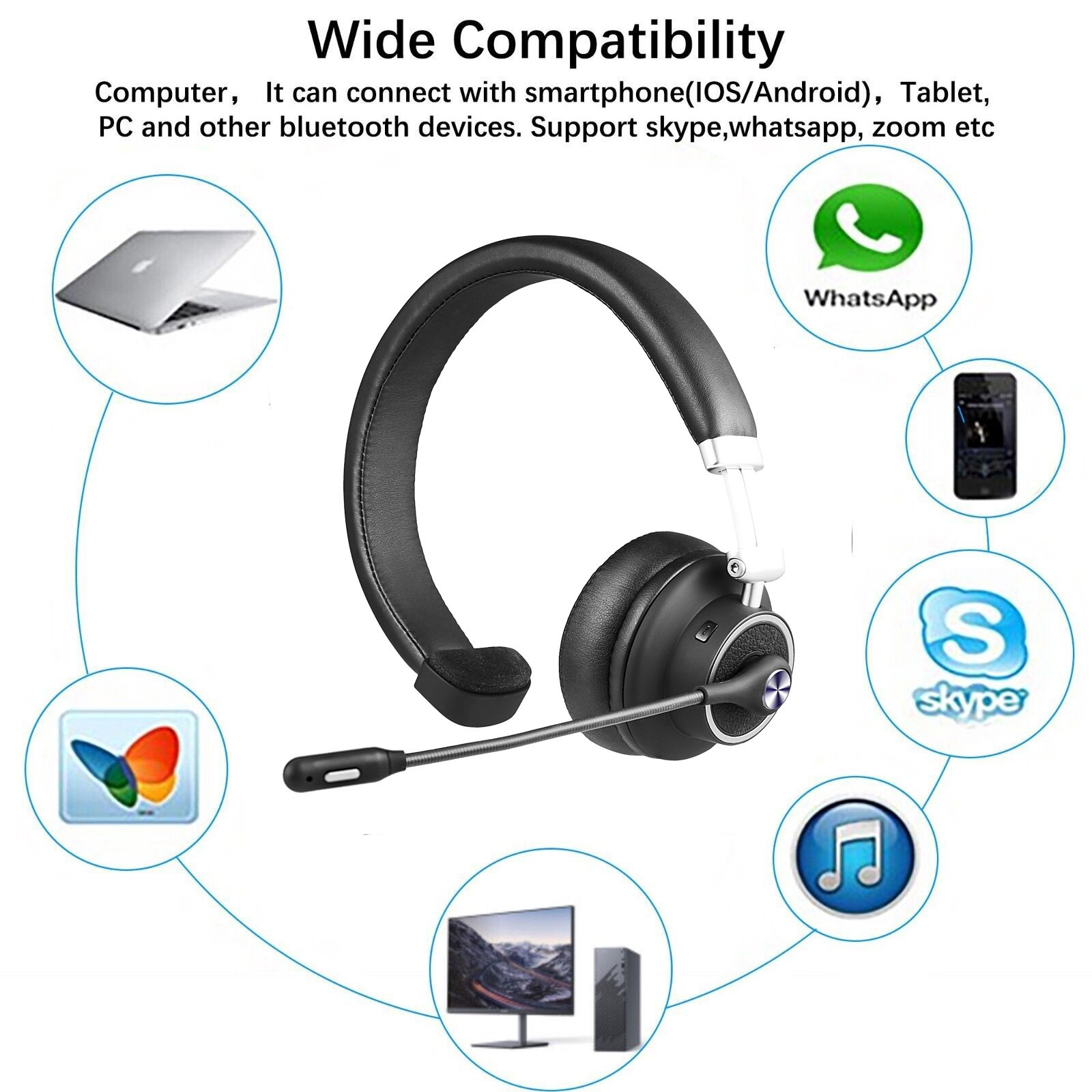 Wireless Over the Head Bluetooth Headset Truck Driver Noise Cancelling Boom Mic