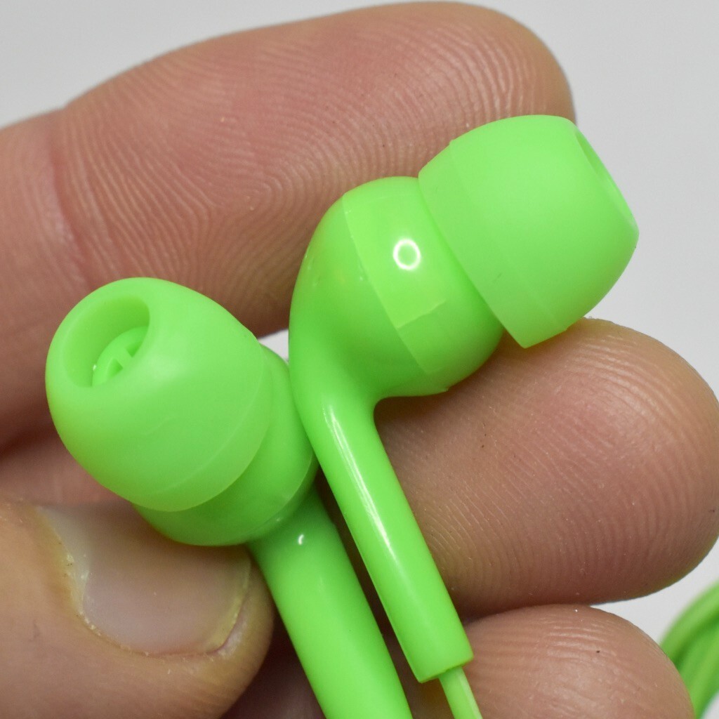 Earbud Headphones Neon Green With Convenient Clip Tube Carrying Case + Carabiner