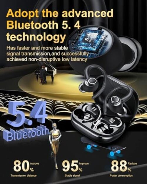 Wireless Earbuds, Bluetooth 5.4 Headphones Sport, Over Ear Buds With Classic
