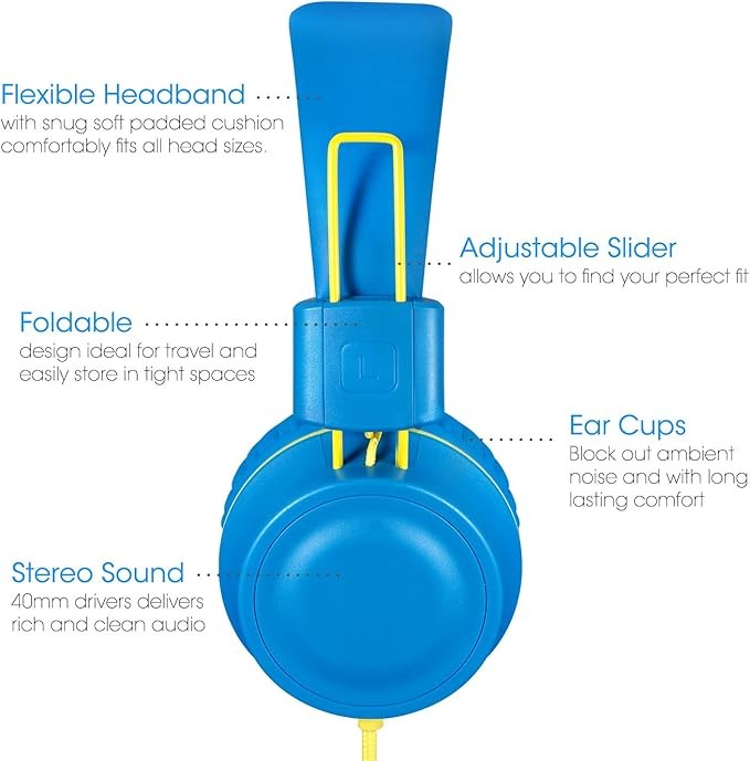 Noot Kids Headphones K33 Blue Foldable Stereo Tangle Free 5Ft Long Cord 3.5Mm