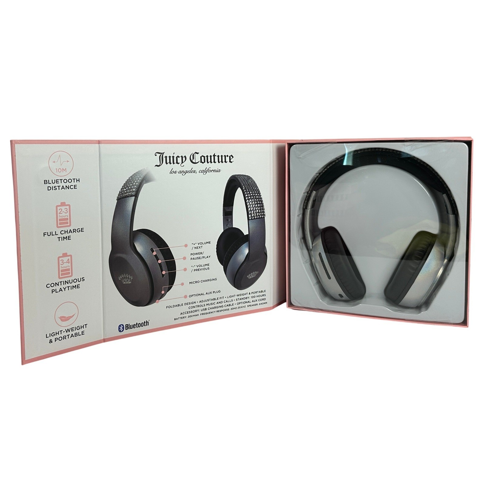 Juicy Couture Iridescent Silver Rhinestone Wireless Bluetooth Headphones NIB