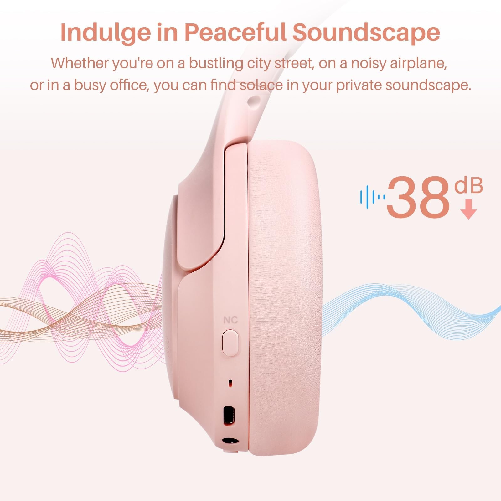 TOZO HT2 Over Ear Headphones ANC Hi-Res Audio Headset, Pink (Renew)