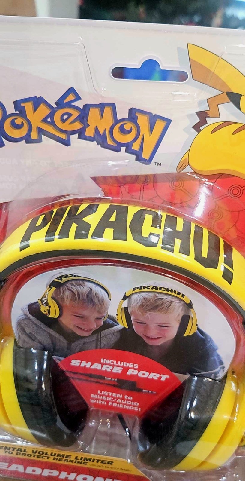 Pokemon Pikachu Kids Headphones W/Parental Volume Control & Share Port NIB!