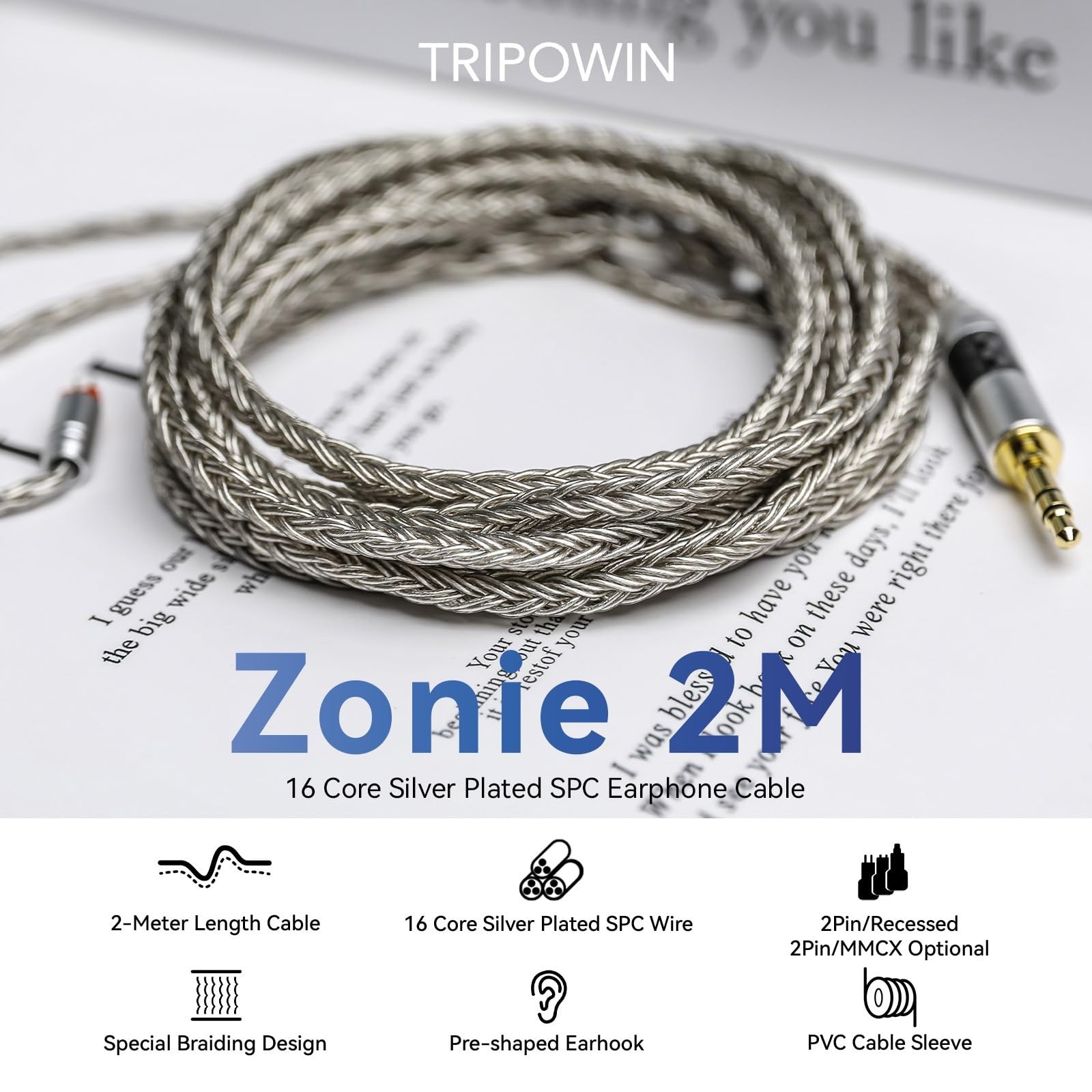 2m Silver Plated 16 Core IEM Cable for Earbuds, Audiophile Earphone Wire (2Pin)